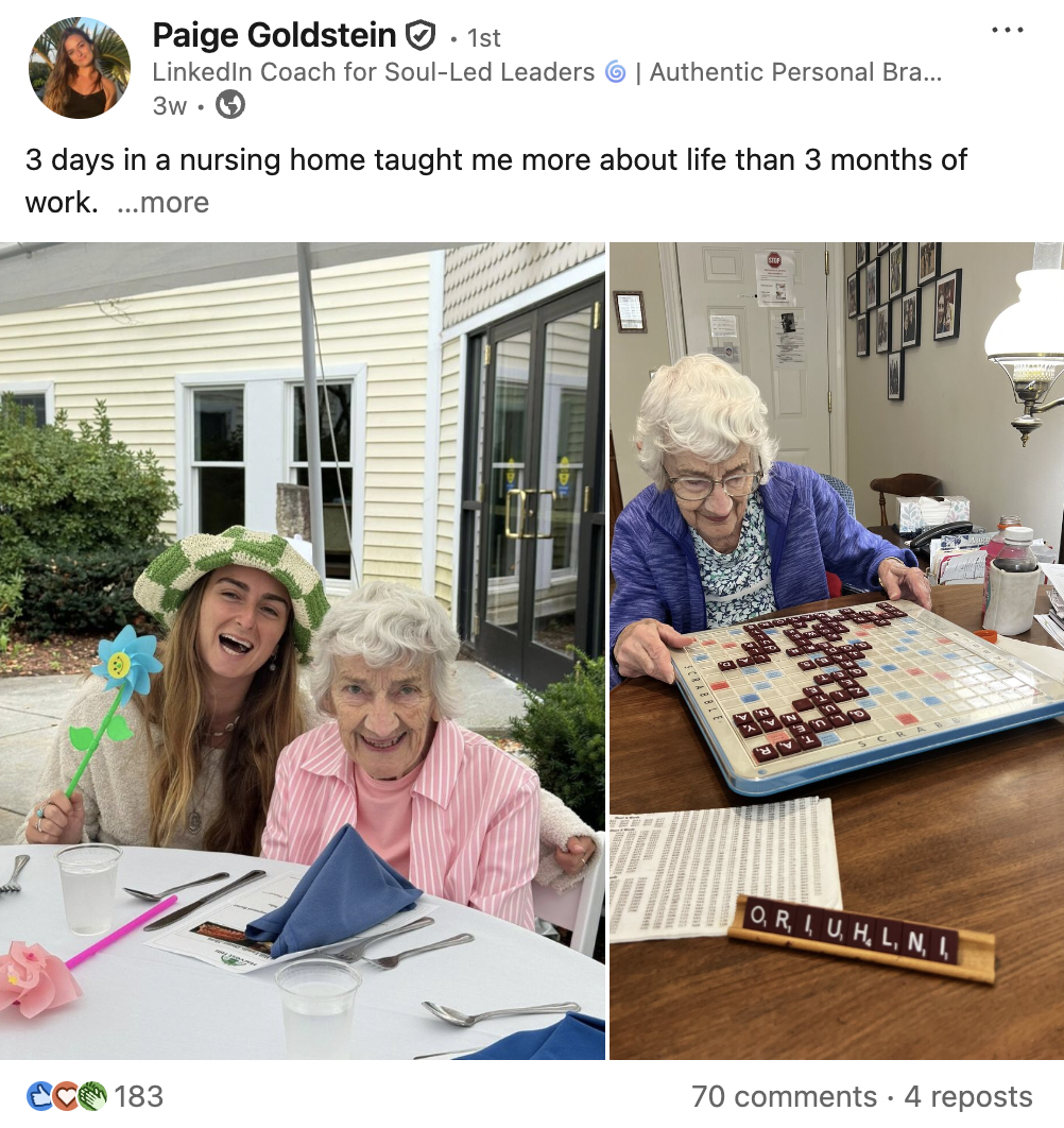 Left side: an outdoor scene with an elderly woman and a young woman smiling, holding a pinwheel, sitting at a table set with utensils and napkins in a backyard. Right side: an elderly woman playing Scrabble at a table inside, focused on the game, with framed pictures on the wall behind her.