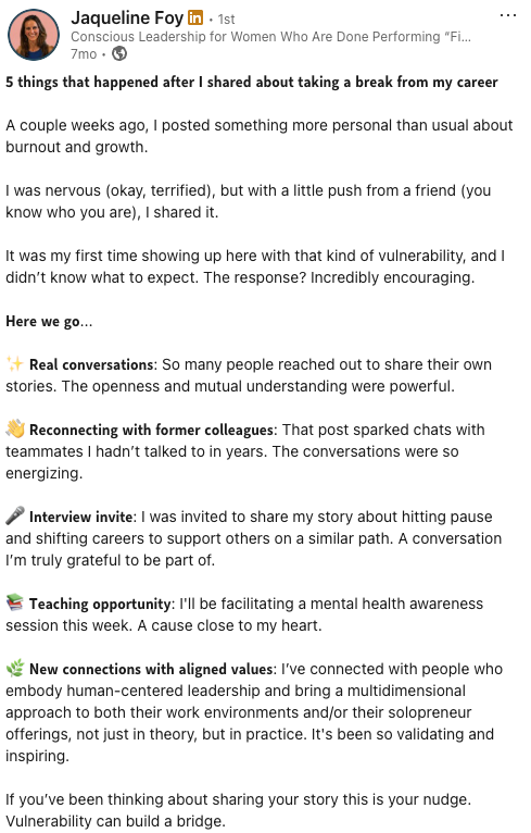 LinkedIn post by Jaqueline Foy discussing five positive outcomes after she shared her burnout and growth story, including real conversations, reconnecting with colleagues, an interview invitation, teaching opportunities, and new connections aligned with her values.