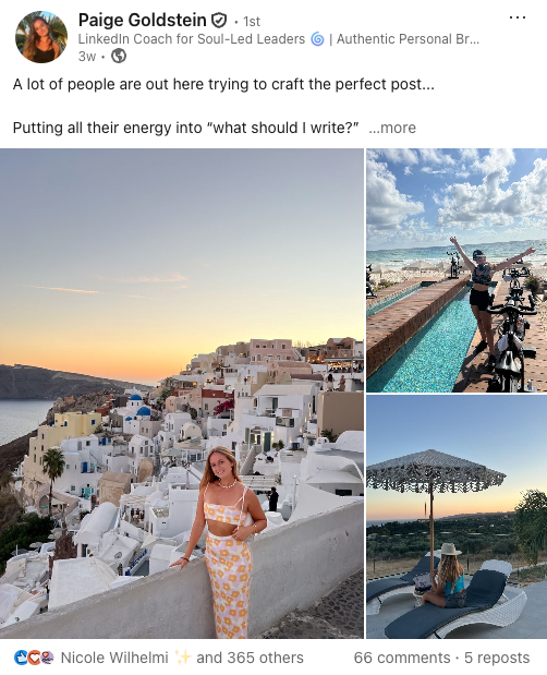 Collage of four travel photos: a sunset over white buildings on a hillside, a woman standing by a swimming pool with bicycles and a woman doing yoga under an umbrella, and a woman sitting on a lounge chair at the beach with an umbrella.