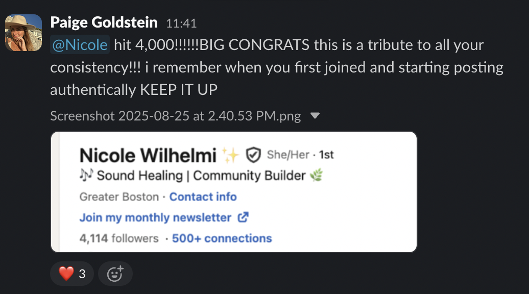 A social media post celebrating Nicole Wilhelm's achievement of 4,000 followers, featuring her profile picture, name, and details about her as a sound healer and community builder in Greater Boston.