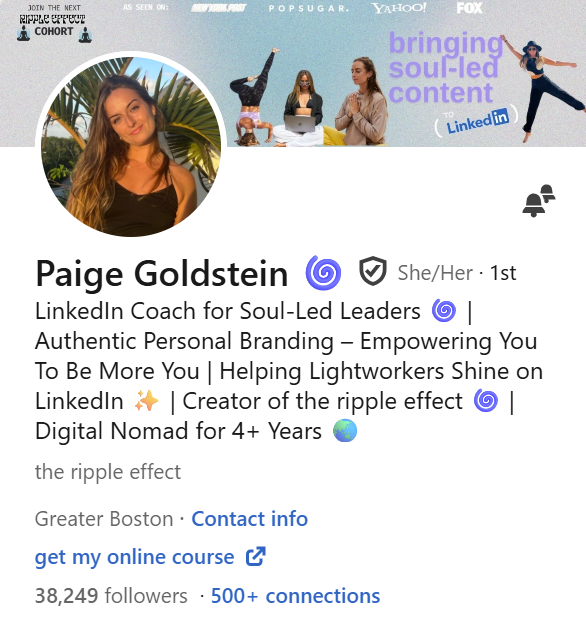 Profile photo of Paige Goldstein, a LinkedIn coach for soul-led leaders, with a background banner promoting authentic personal branding and empowering lightworkers on LinkedIn, featuring images of three women practicing yoga or meditation.