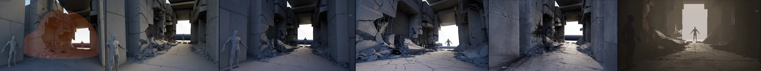 A sequence of images showing a person and computer-generated characters exploring a ruined, ancient structure with large openings and debris.