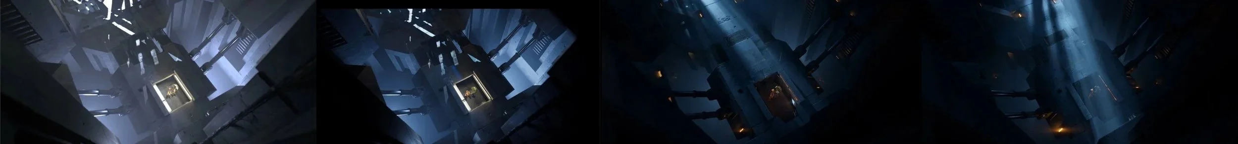 A sequence of four images showing a scene from the game Portal, featuring a portal opening in a high-tech test chamber with a robot character.