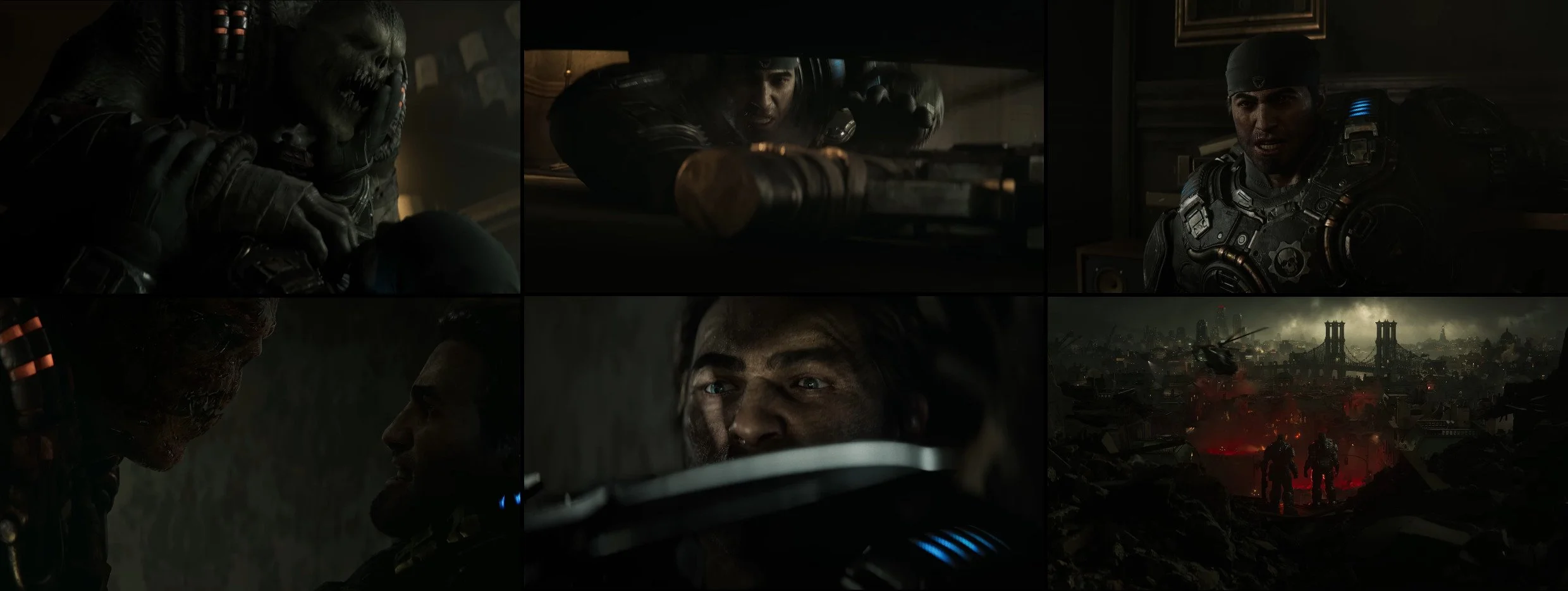 Six scenes from a sci-fi action movie featuring armored soldiers in a dark, dystopian city, with discussion among characters, a city under attack, and a helicopter flying over destruction.