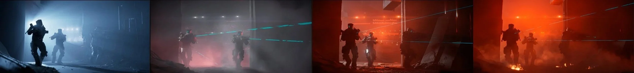 Four soldiers advancing through a dark tunnel with bright blue and red effects, appearing to be in a sci-fi or war video game setting.