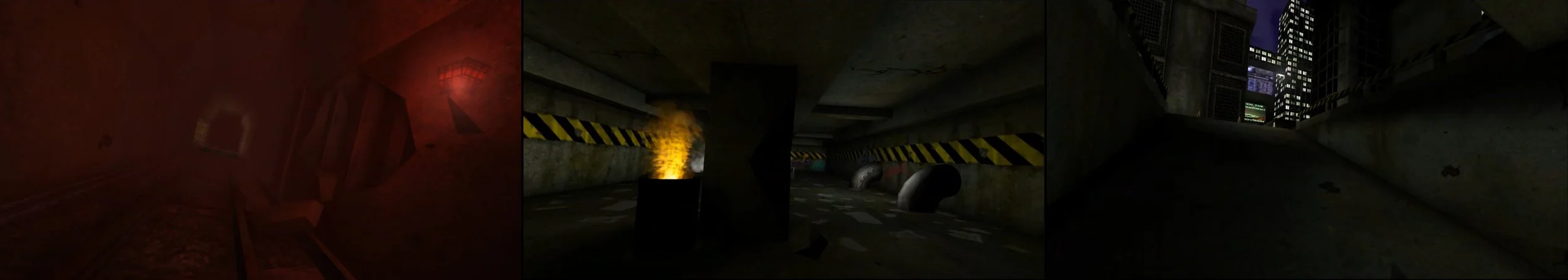 A three-panel digital rendering of a dark, dystopian urban parking garage with underground tunnels, industrial pipes, and cityscape in the distance.