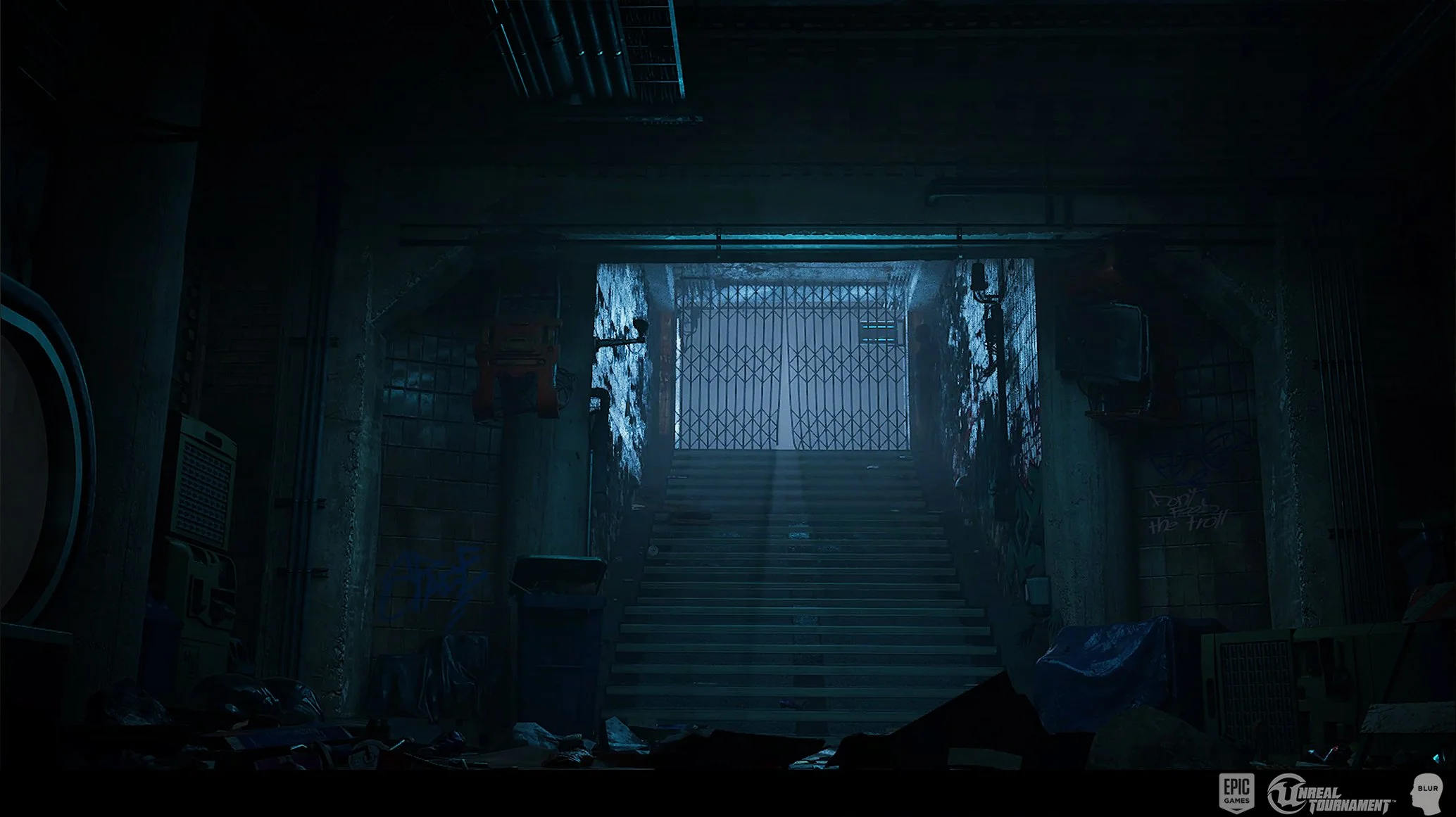 Dark, abandoned staircase at night with blue lighting, graffiti on the walls, and debris on the floor, leading to a gated exit.