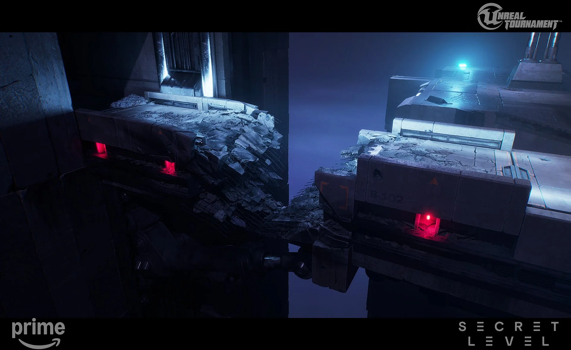 A damaged space station with debris and broken structures, and glowing red lights, set against a dark, foggy background.