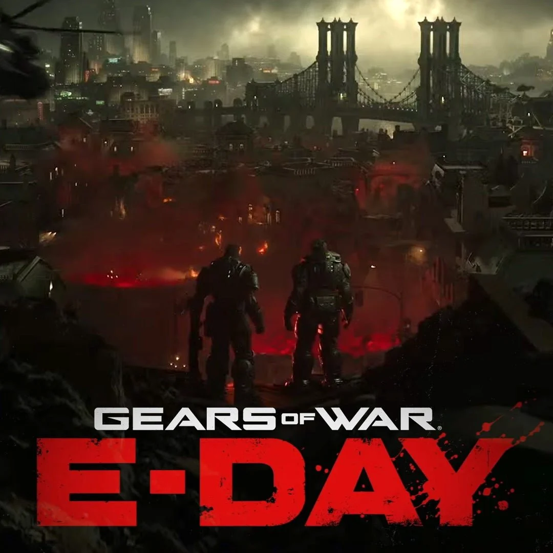 Two soldiers standing on a ruined urban landscape with fires and smoke, in front of a city skyline and a bridge, with dark and ominous sky, promoting the game Gears of War E-Day.