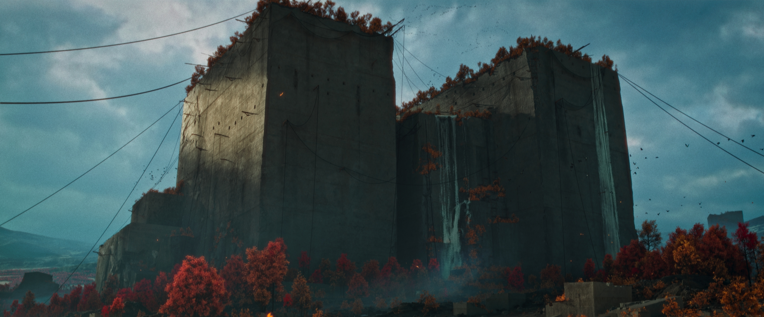 A fantasy scene of three large, dark, concrete apartment buildings with red trees at their bases, surrounded by power lines, with a waterfall flowing down one building, and birds flying in a cloudy sky.