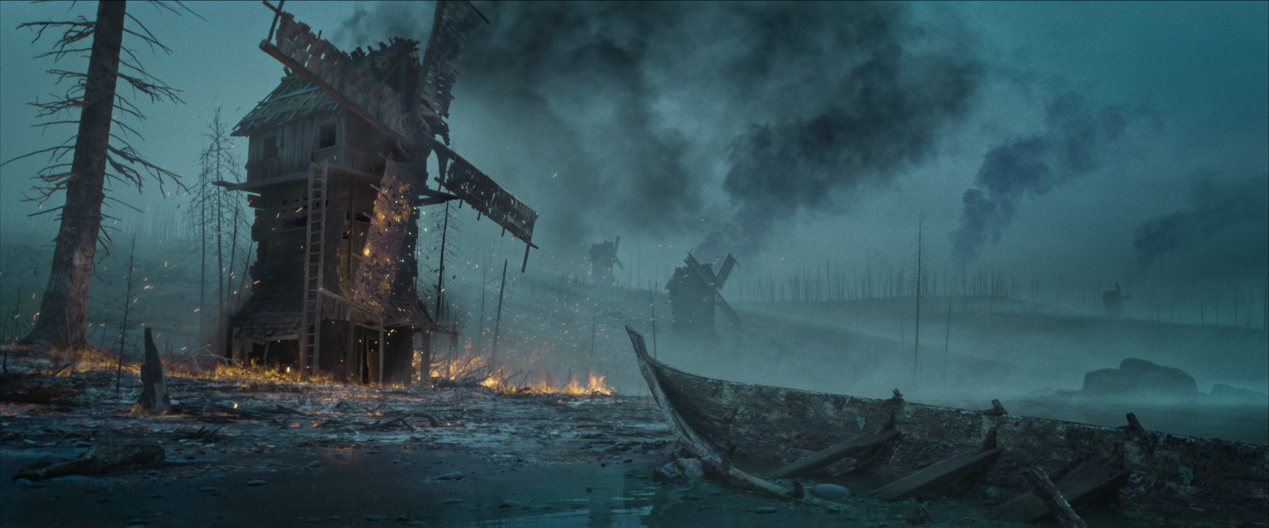 A destroyed wooden house on fire in a forest, with two other similar structures in the background amidst smoke and dark clouds, and an abandoned boat in the foreground.