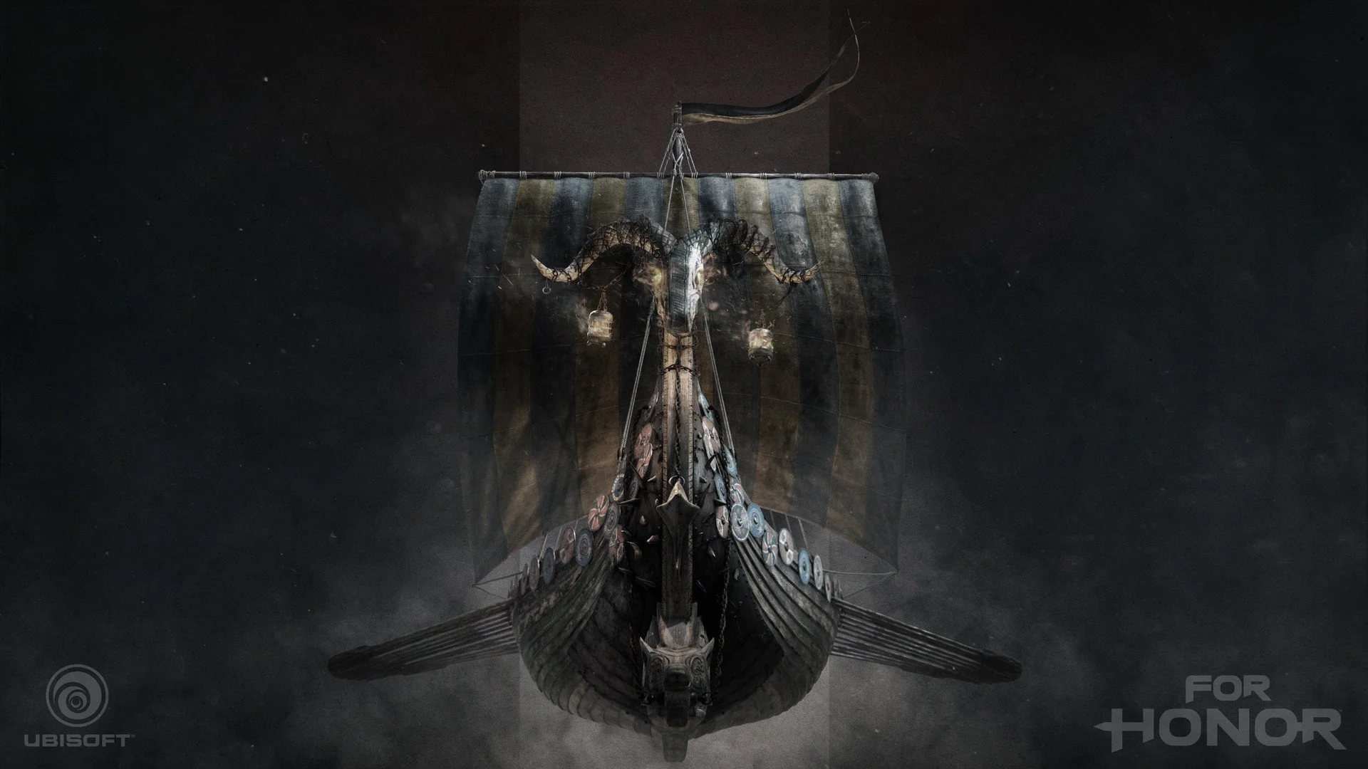 A Viking ship with a dragon-shaped prow and shields along the sides, flying a black flag, with a cosmic nebula background. Logos for Ubisoft and For Honor are visible.
