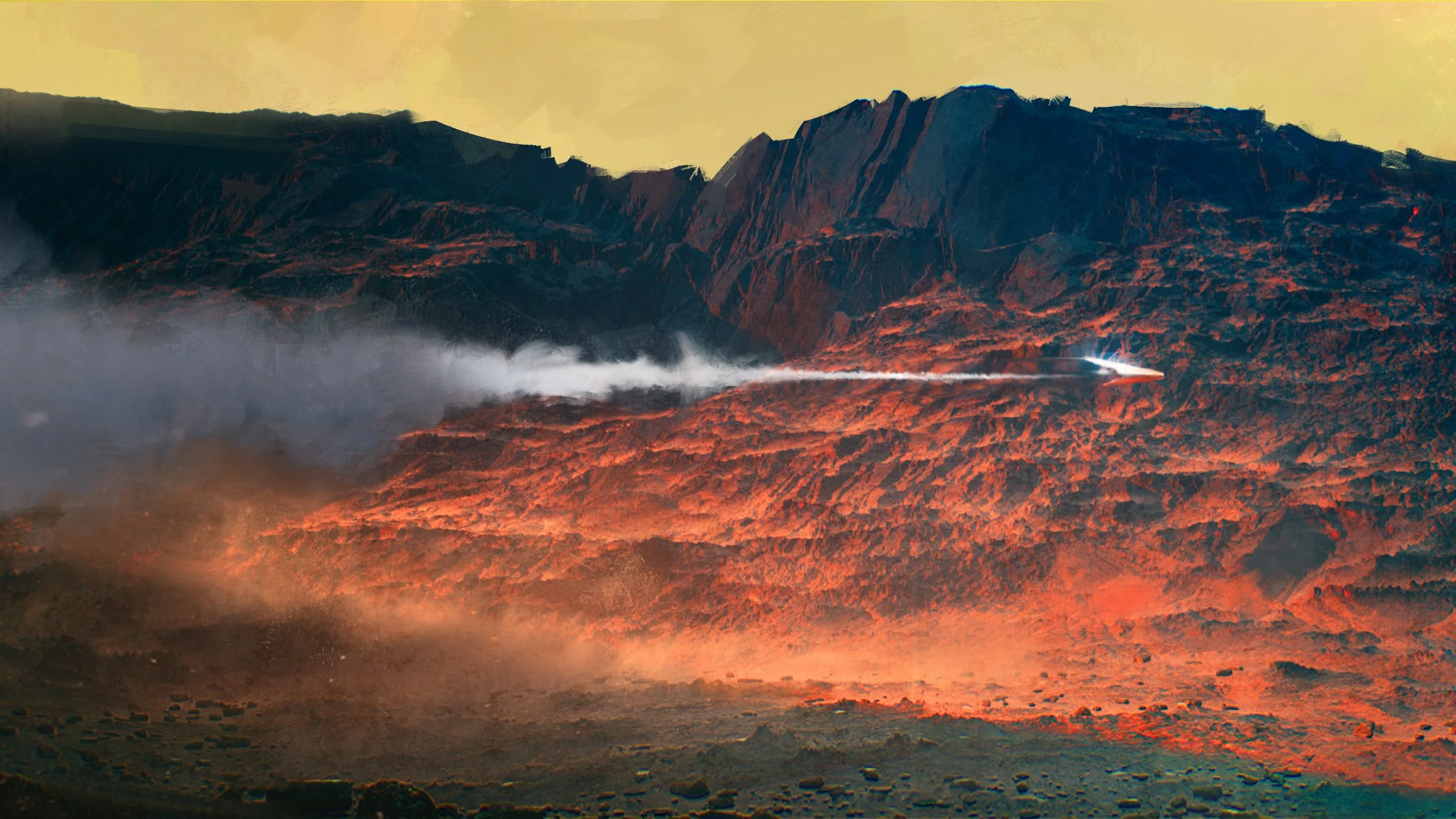 A firefighting aircraft dispersing water over a wildfire in a mountainous area with a smoky sky and rugged terrain.