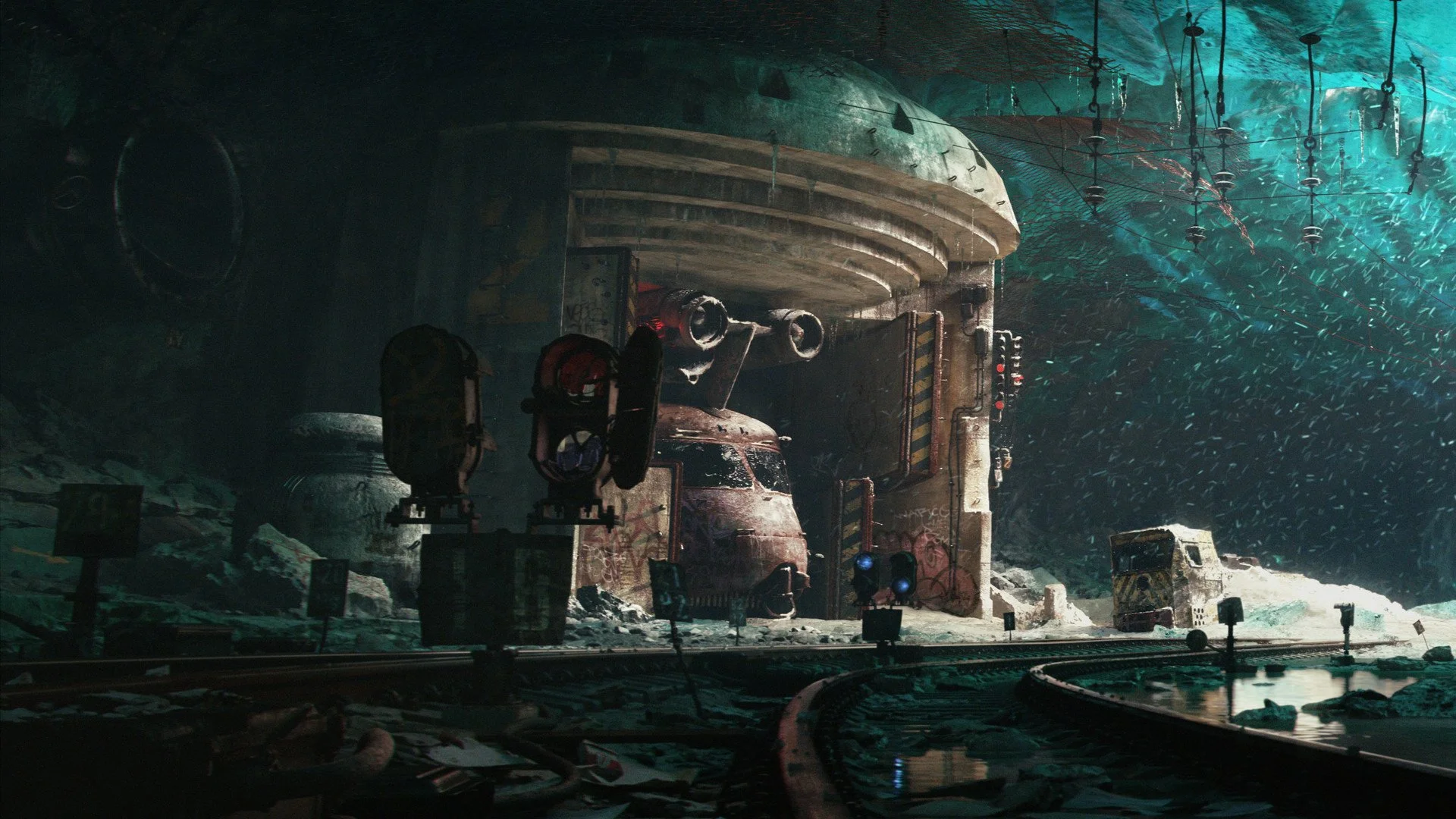 A rusted, abandoned train and train cars inside an underground or cavernous setting with greenish-blue lighting, graffiti, and flooded tracks.