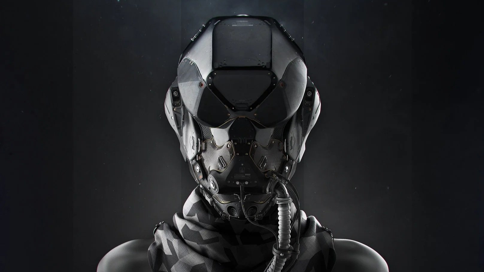 Front view of a futuristic, armored robot with a sleek, black head and metallic shoulders, against a dark background.