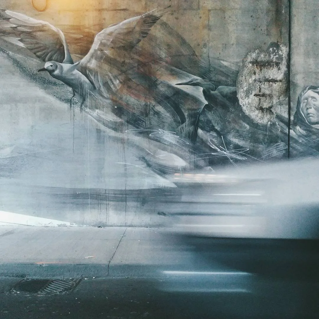A mural of a bird and a person painted on a wall behind a blurred glass window in a city street.