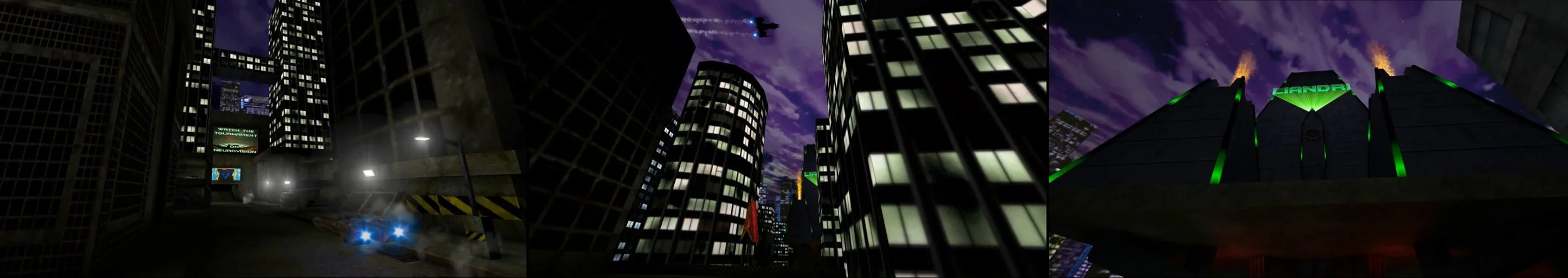 Nighttime cityscape with tall, lit-up skyscrapers and a futuristic building with green neon lights against a purple sky.