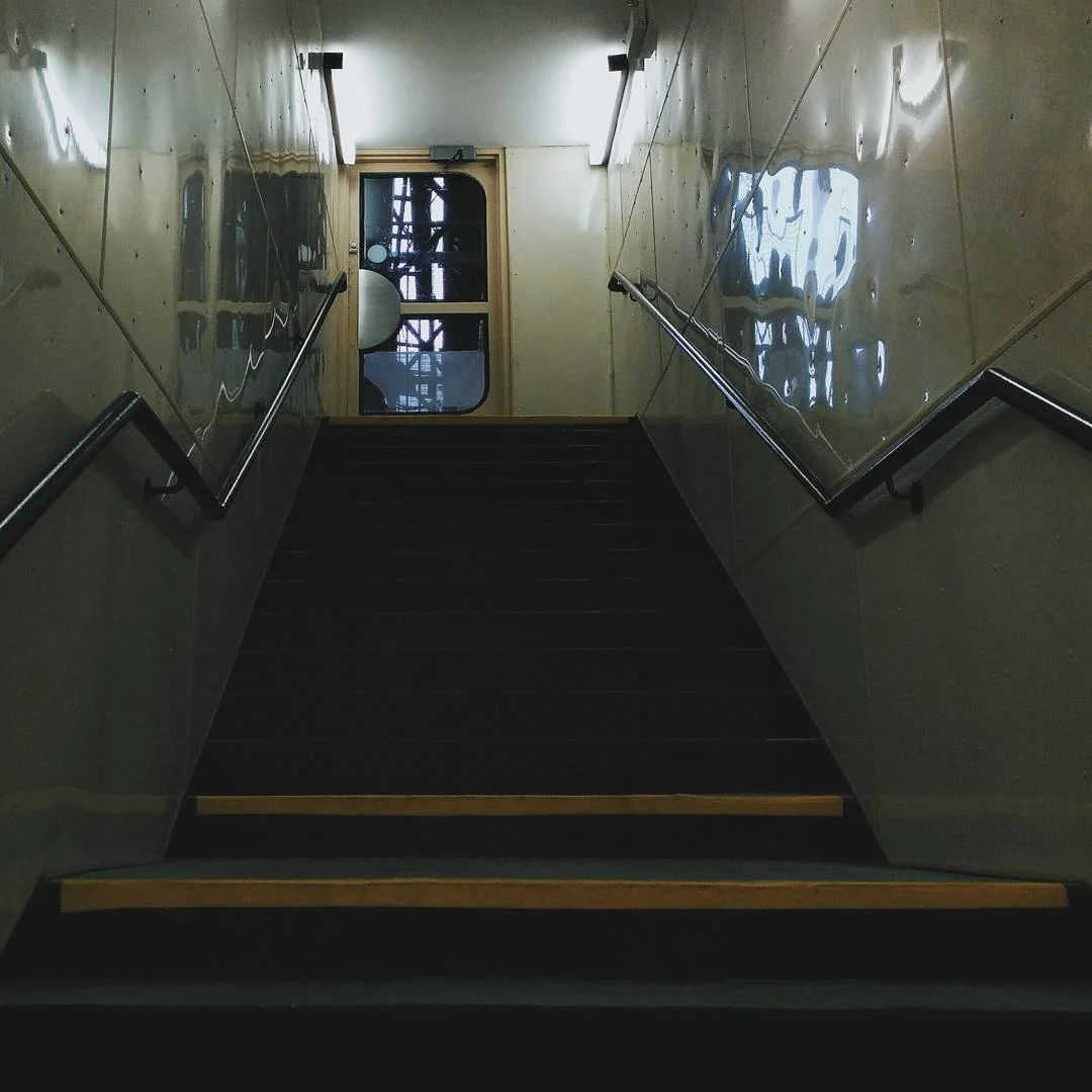 Staircase leading to an exit door with a window, handrails on both sides, and an exterior scaffolding visible through the glass.