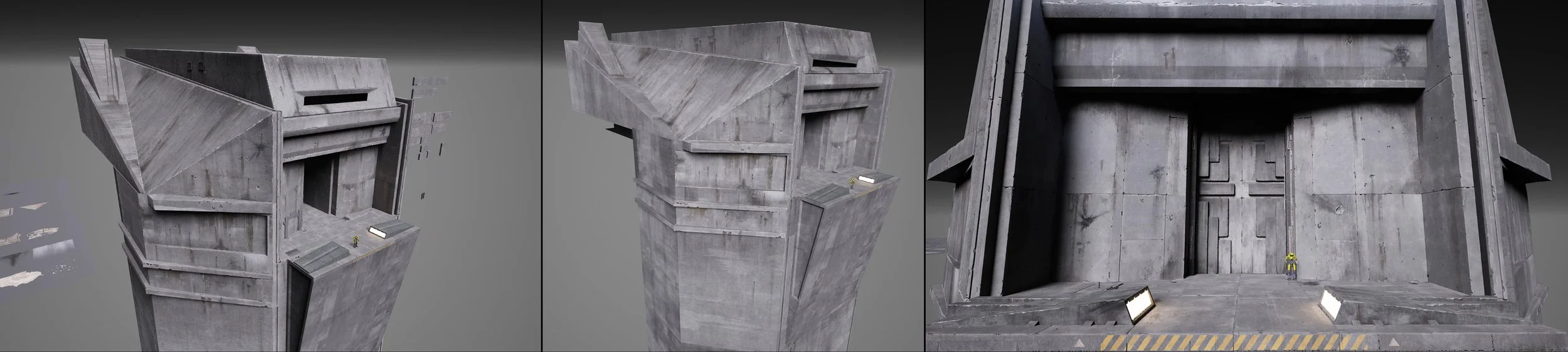 A large, gray, concrete sci-fi-style structure with angular design, viewed from multiple angles in a 3D render. It has a futuristic appearance with sharp edges and a large, open entrance in the front.