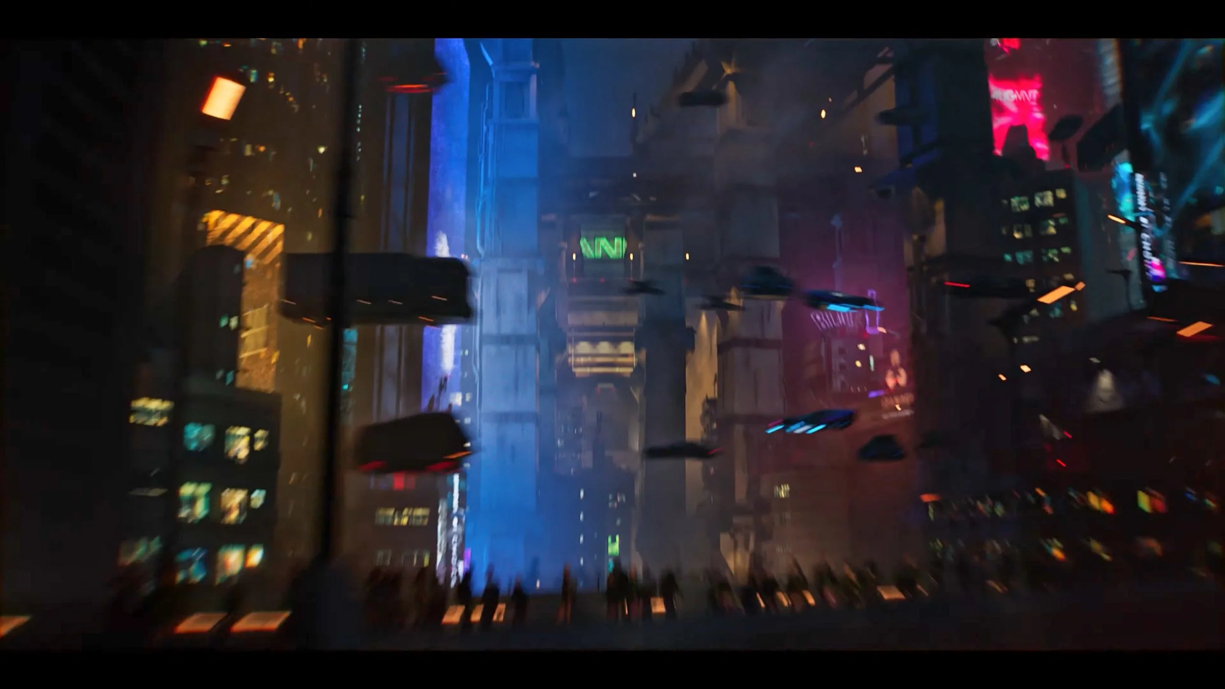 A futuristic cityscape at night with neon lights and tall buildings, some with digital billboards, in a cyberpunk style.