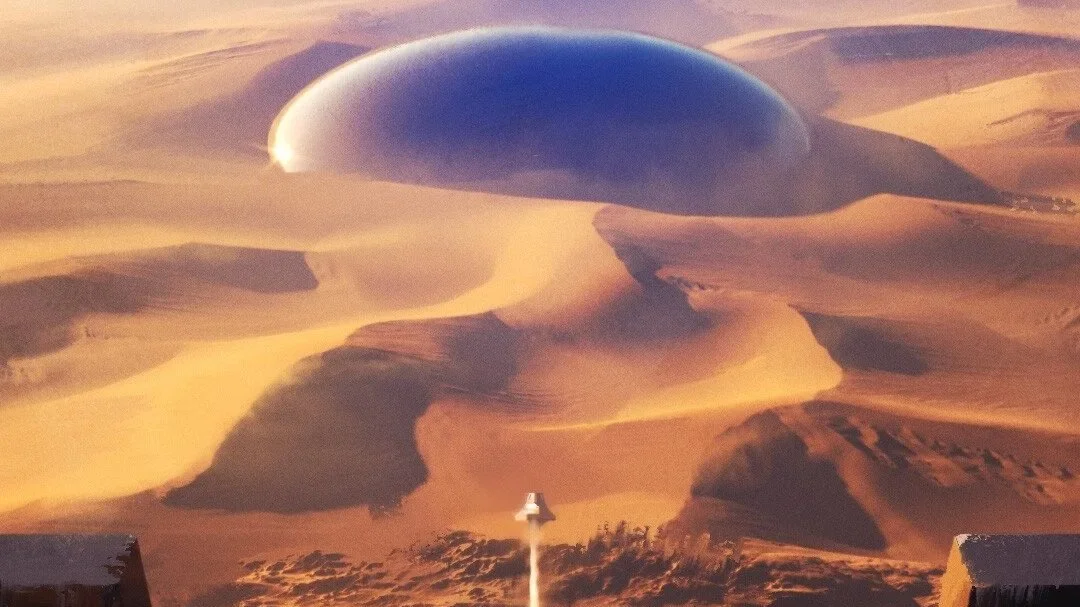 A large, dark, domed spaceship flying over a desert landscape with sand dunes at sunset.