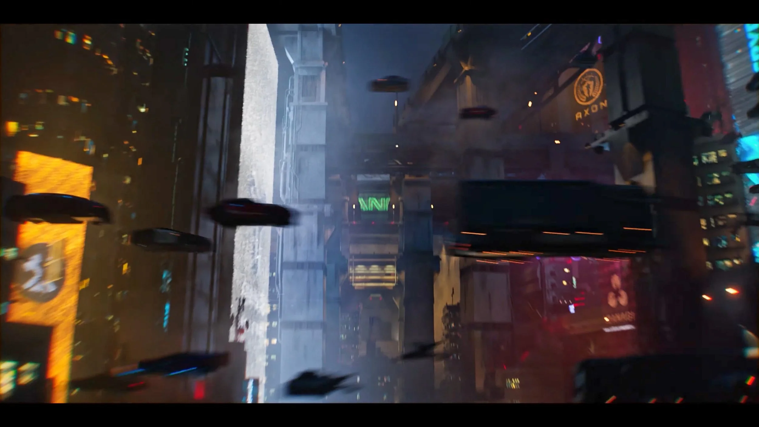 Futuristic cityscape at night with flying cars, illuminated neon signs, and tall skyscrapers.