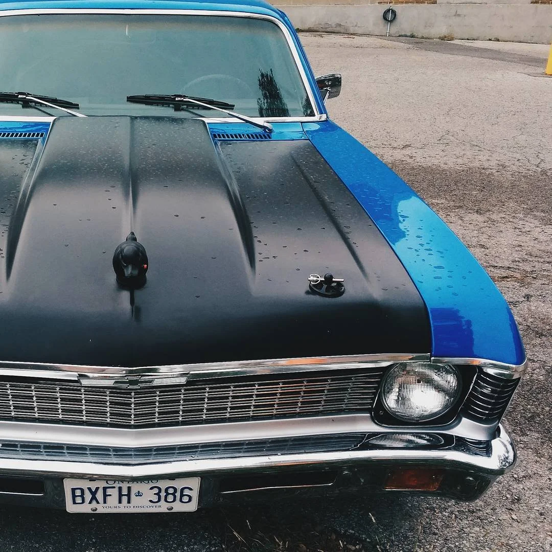 Front view of a classic blue and black muscle car with an Ontario license plate, parked on a gravel lot with water droplets on the hood.