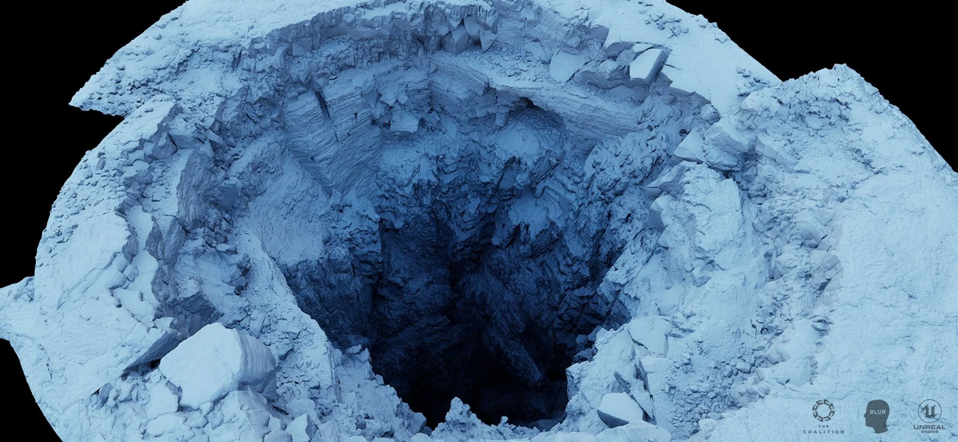 A deep ice crater with rugged, layered ice walls and a dark interior, surrounded by icy terrain.
