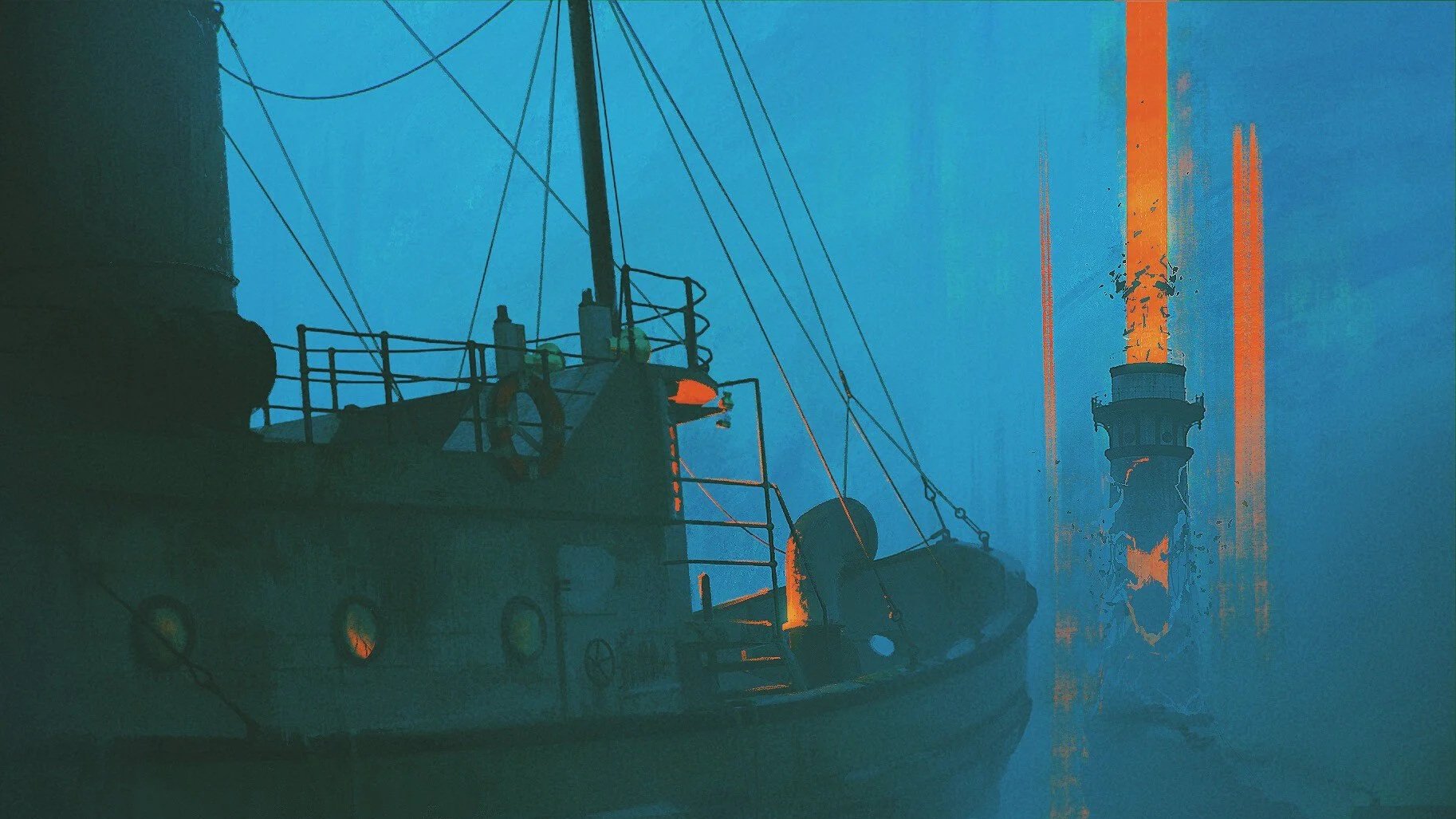 A large ship with multiple portholes in a foggy or smoky setting, with a tall lighthouse in the background emitting a faint light, and orange smoke rising from the lighthouse chimney.