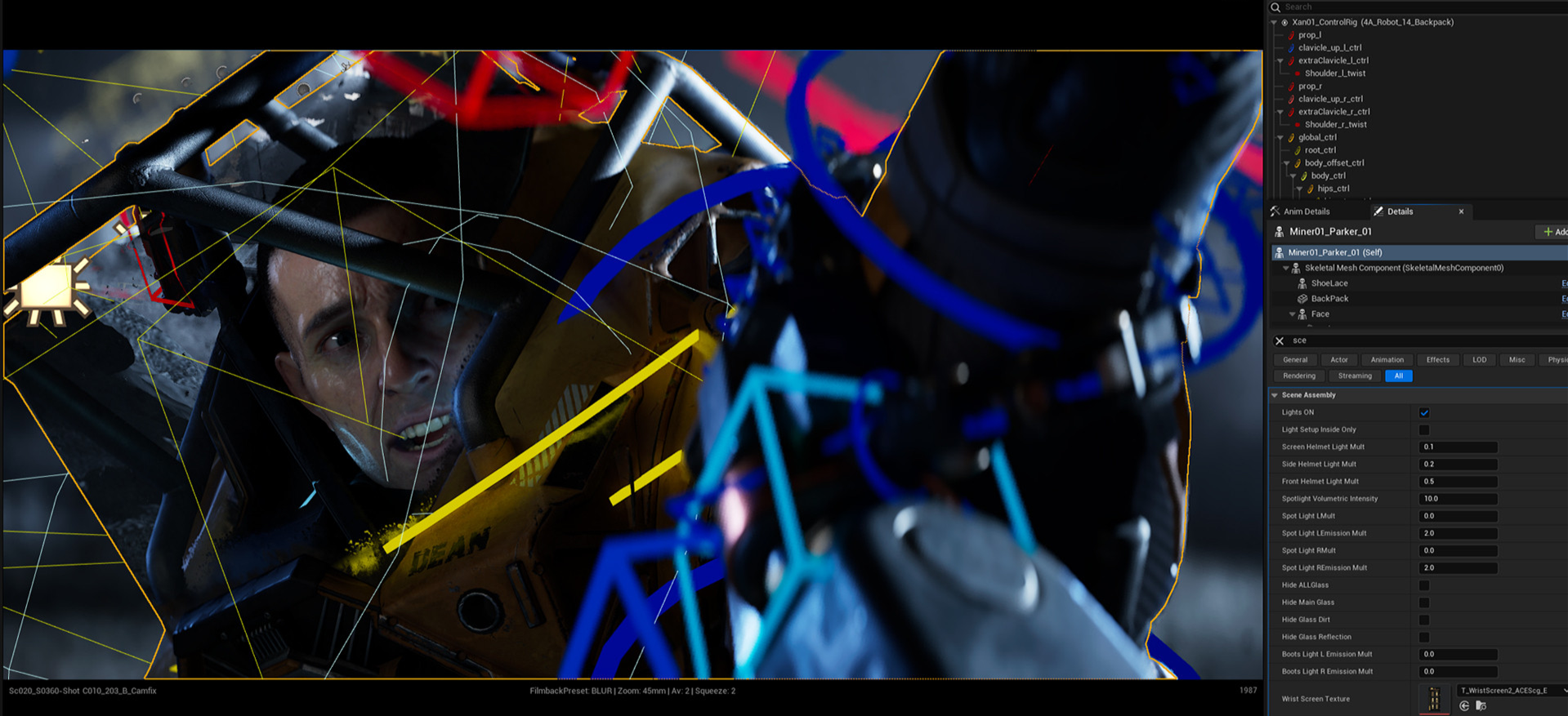 A computer-generated scene from a sci-fi movie showing a person in a spaceship or cockpit with a look of shock or fear, surrounded by colored wires, stems, and technical details on a digital interface.