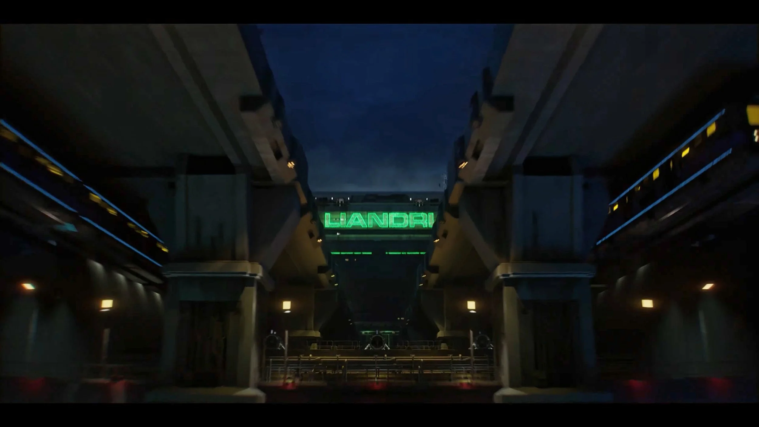 Futuristic indoor space with digital green sign reading 'LIANDR' and advanced technology structures, dim lighting, sleek modern design.
