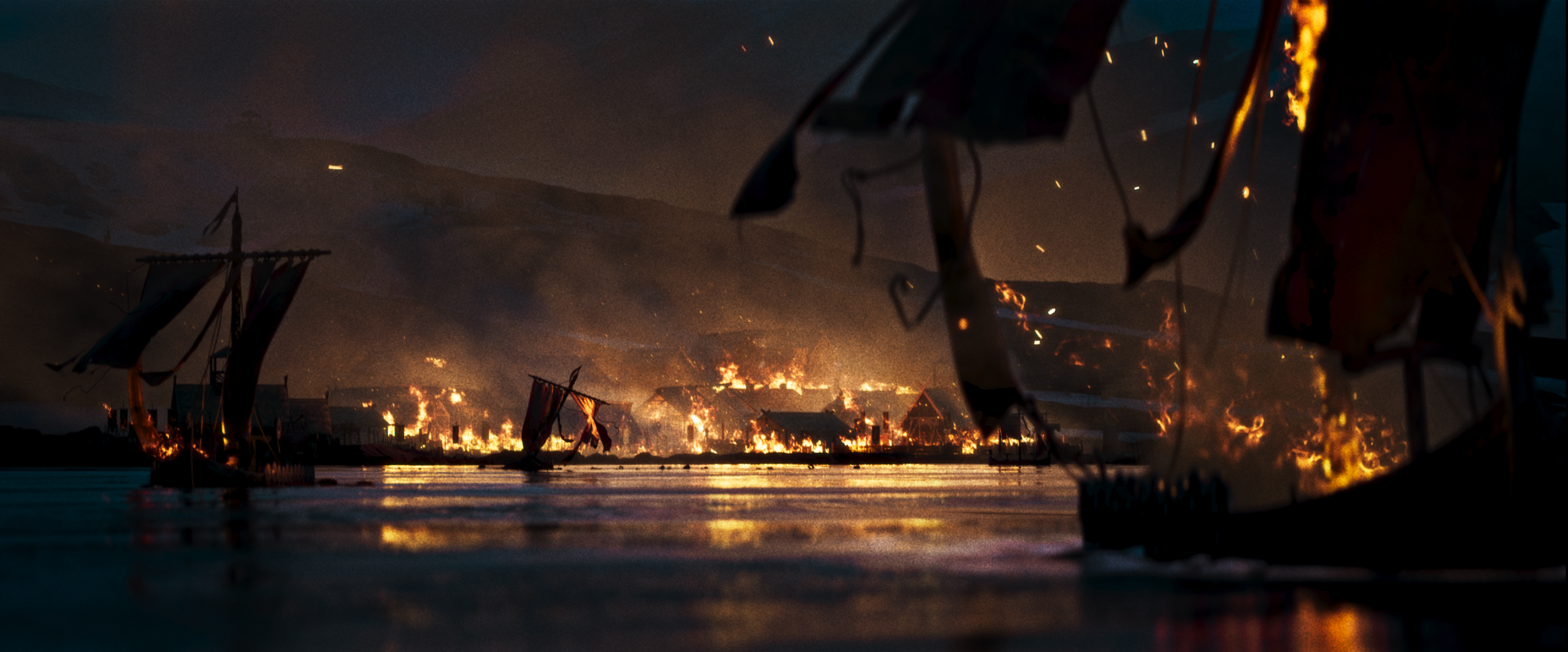 A scene of a maritime disaster with burning ships on fire in the water, and smoke rising in the background during nighttime.