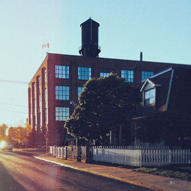 A street view featuring a multi-story brick building with blue windows and a water tower on top, alongside a white picket fence and a large tree in front.