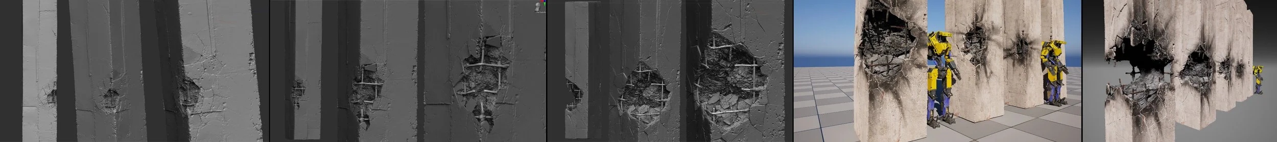 Sequence of images showing demolition of concrete wall with machinery, revealing interior rebar and debris.