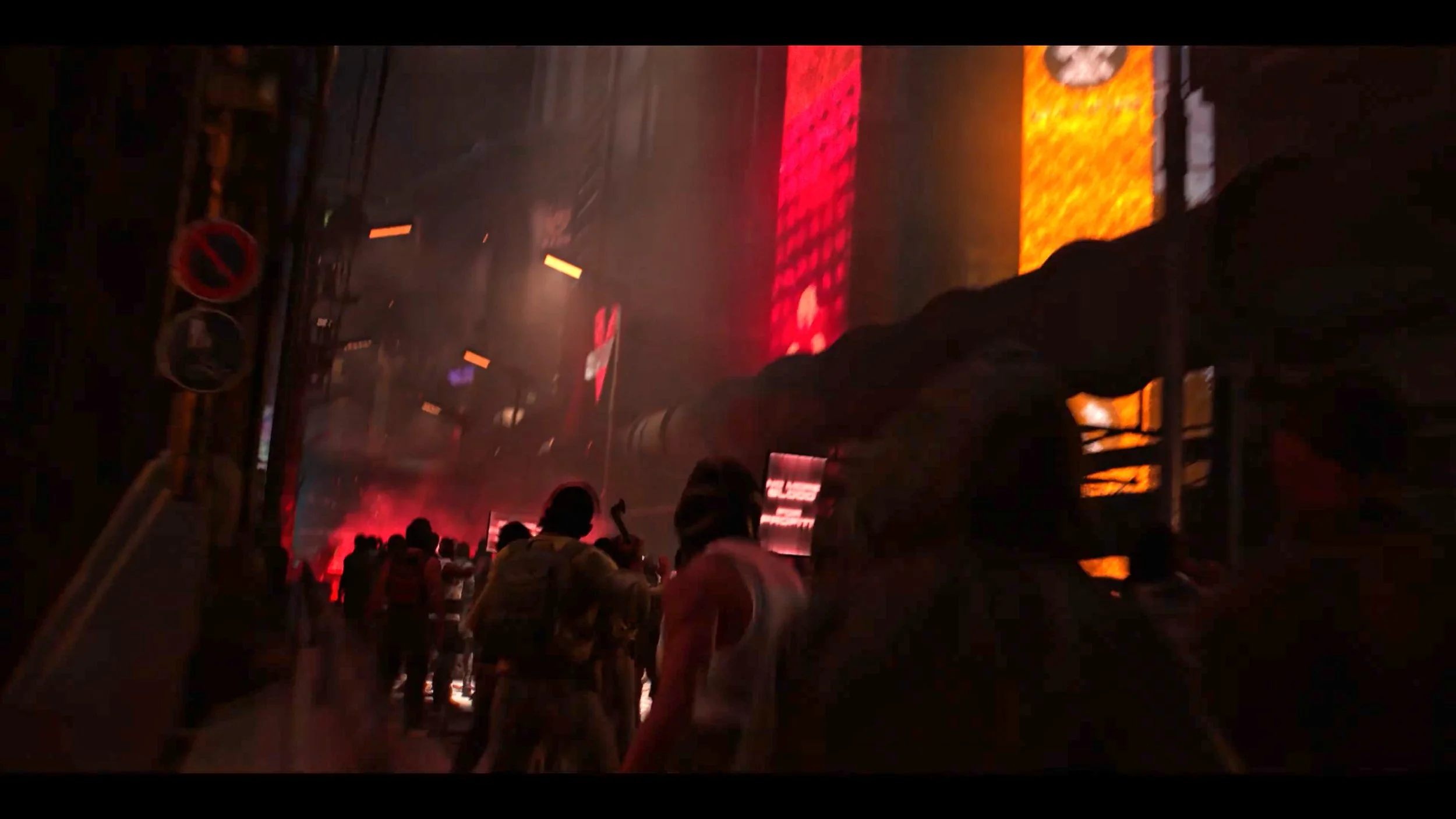 People walking through a dark alley with neon lights and bright red smoke, resembling a futuristic cityscape at night.