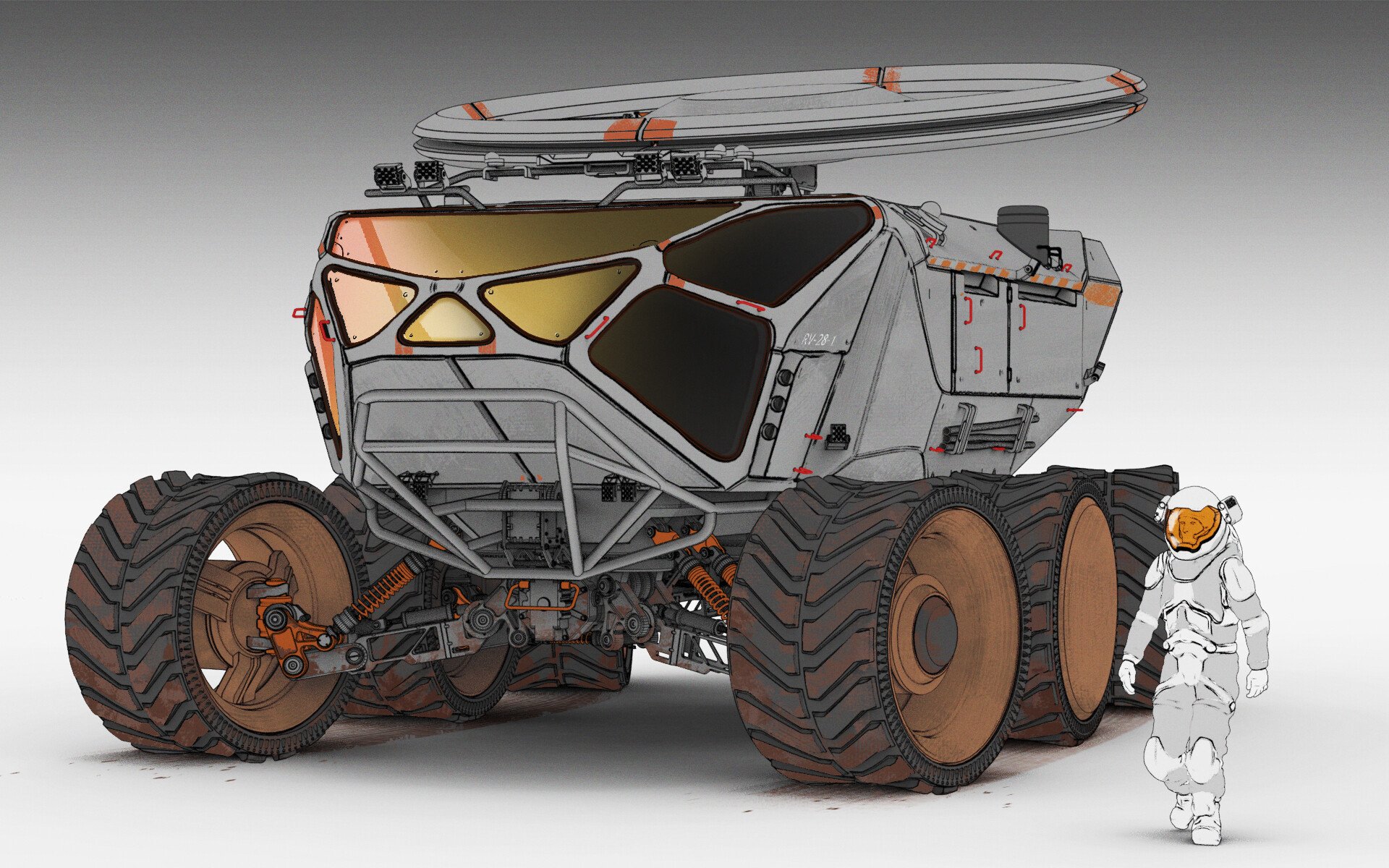 A futuristic all-terrain vehicle with large tires, a surfboard mounted on top, and a small astronaut figure standing beside it.