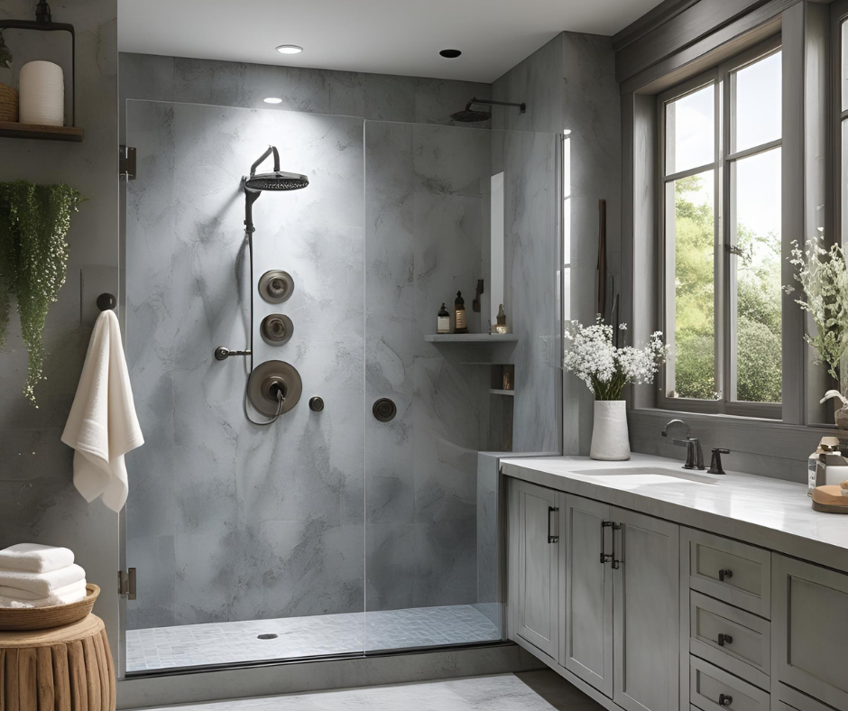 Modern bathroom shower with gray marble walls and black fixtures, next to a window with greenery outside, decorated with vases of white flowers and bathroom essentials.