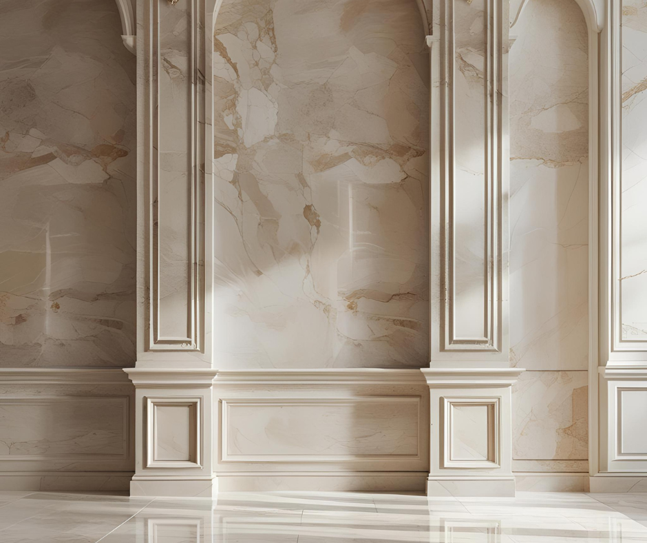 Elegant interior wall with beige marble panels and decorative molding with gold accents, illuminated by natural light.