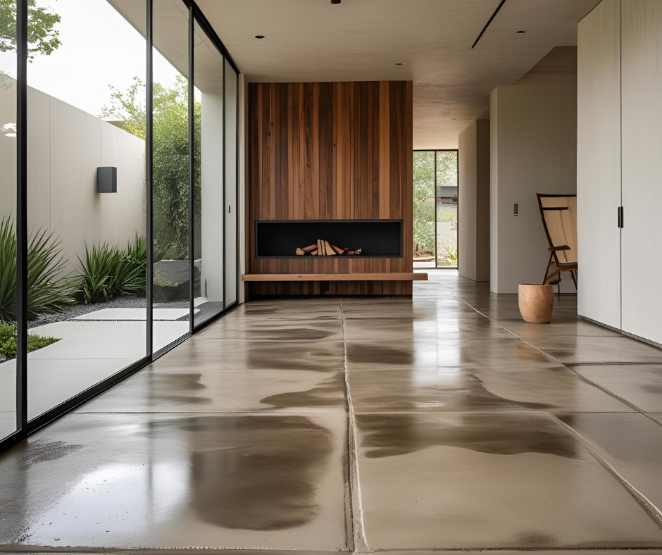 Modern interior with polished concrete floors, large glass sliding doors, a wooden accent wall with a built-in fireplace, and minimal furniture.