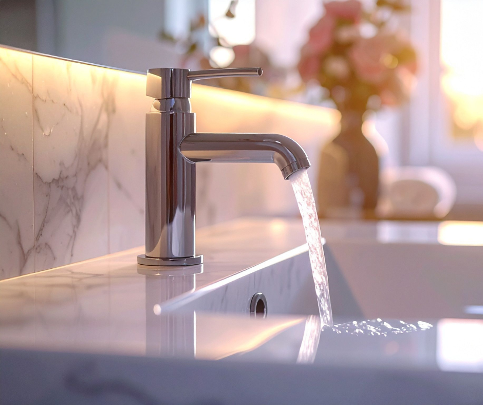 A modern kitchen sink with a chrome faucet and running water, illuminated by warm lighting with a window and flowers in the background.