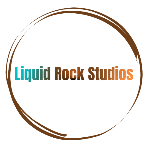 Logo for Liquid Rock Studios with a circular brush stroke design and stylized text.