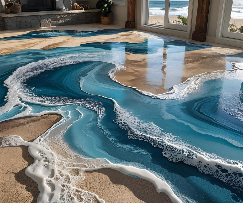 Interior with a beach-themed epoxy floor resembling ocean waves, with a view of the beach and ocean outside through large windows.