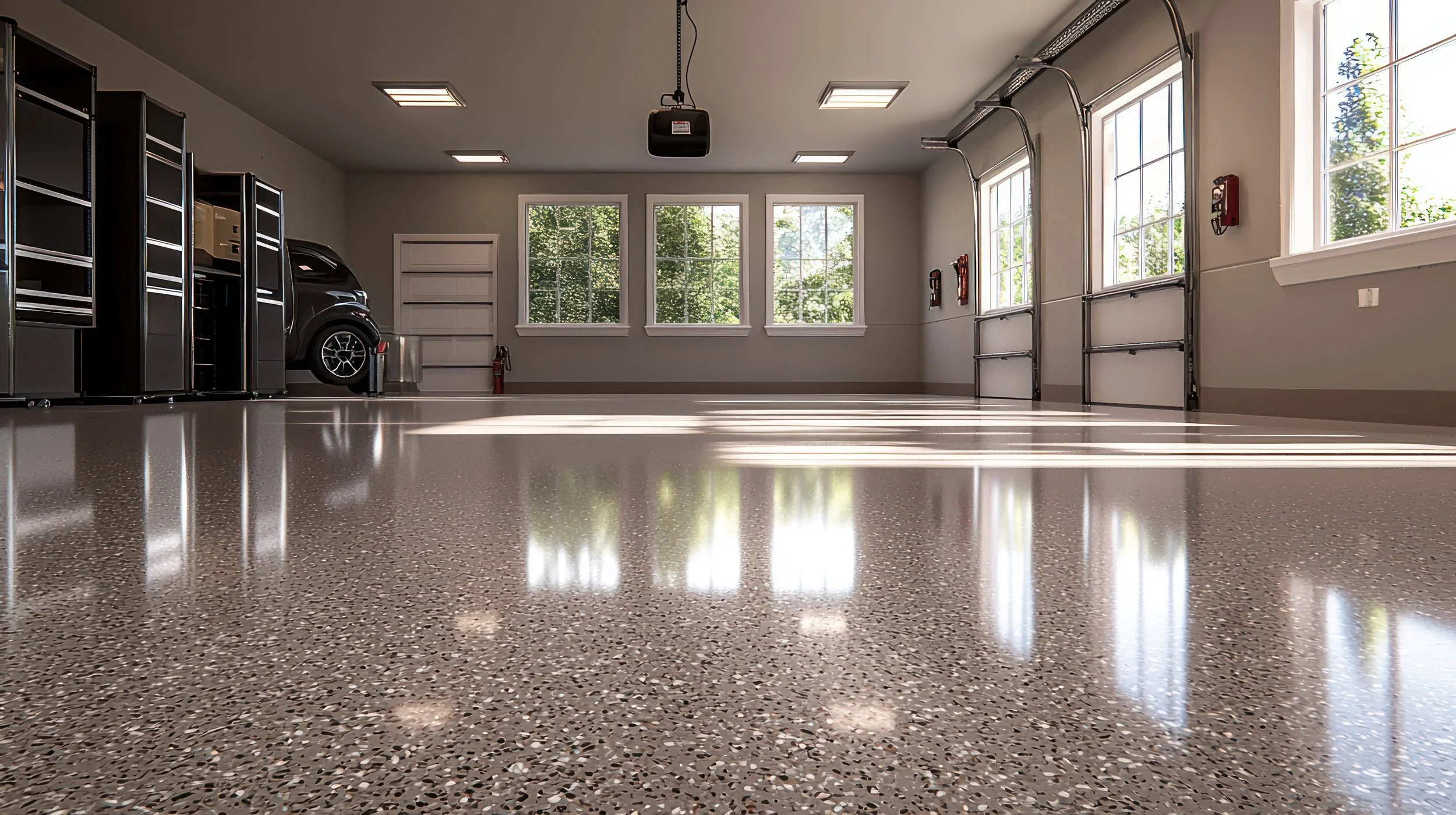 Clean, spacious two-car garage with polished speckled epoxy floor, black shelving, a car, multiple windows letting in natural light, and garage doors on the side.