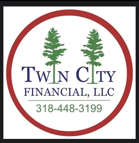 Logo for Twin City Financial LLC featuring two green pine trees and contact number 318-448-3199.