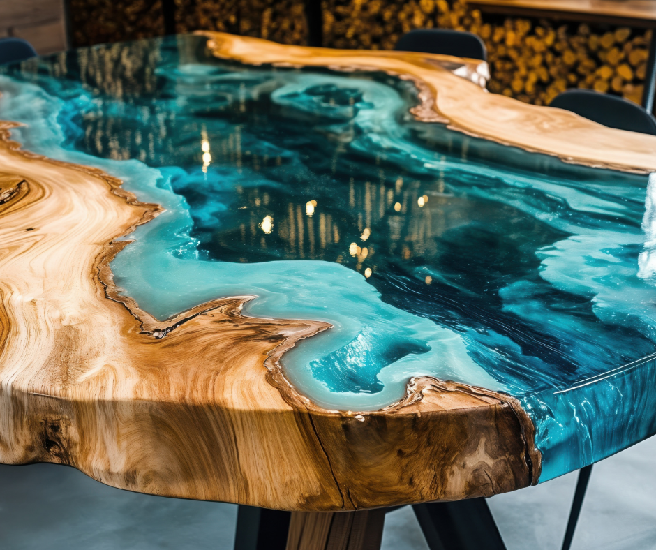 Close-up of a wooden table with a resin top that has a blue and turquoise swirl pattern, resembling water.