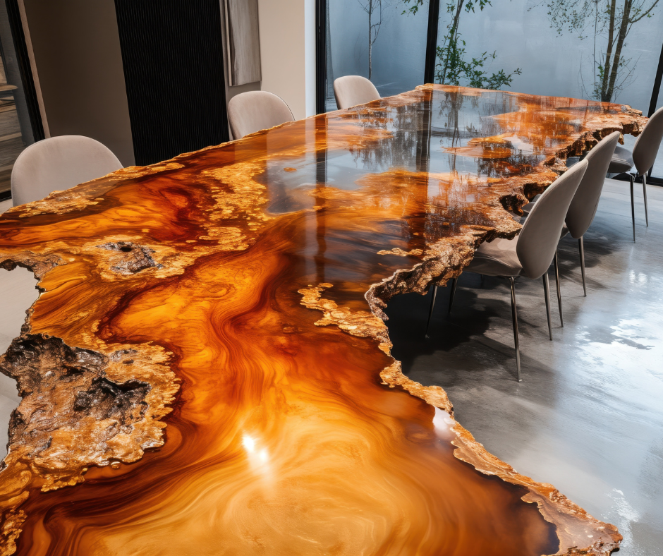 A large, irregular live edge wooden table with a glossy resin finish, set in a modern room with beige chairs and large windows showing outdoor trees.