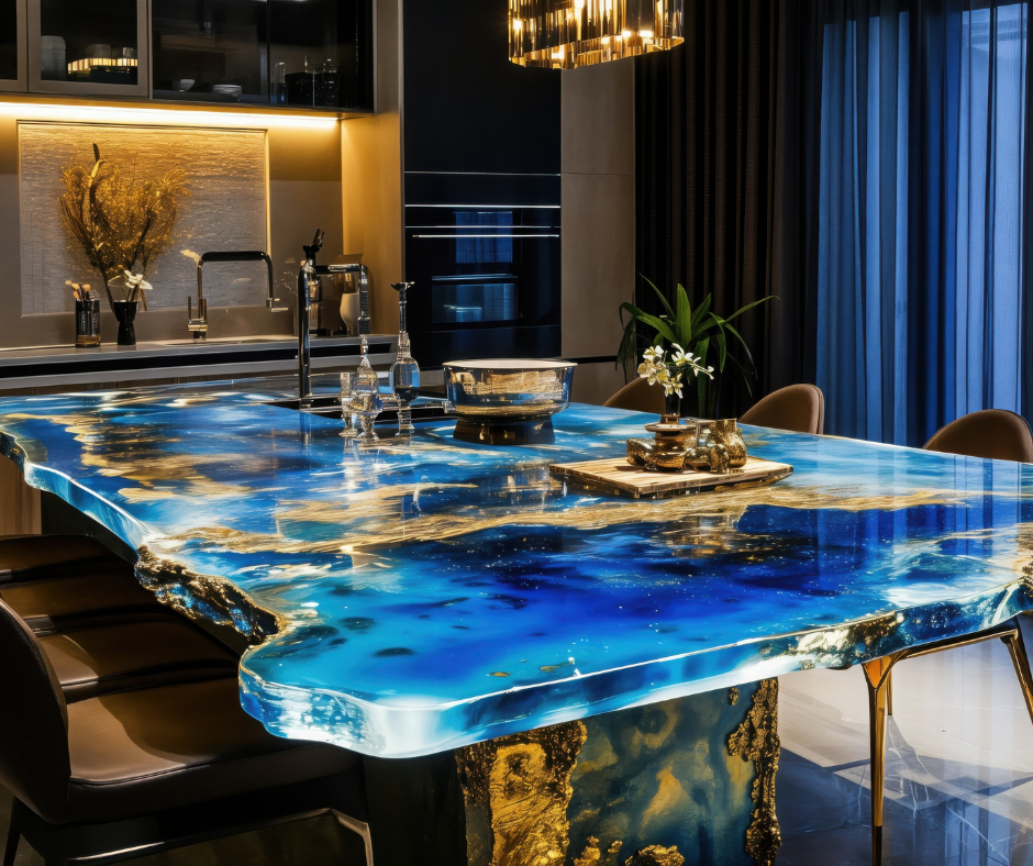 Modern dining room featuring a striking blue and gold epoxy resin table, black chairs, decorative plants, and warm lighting.
