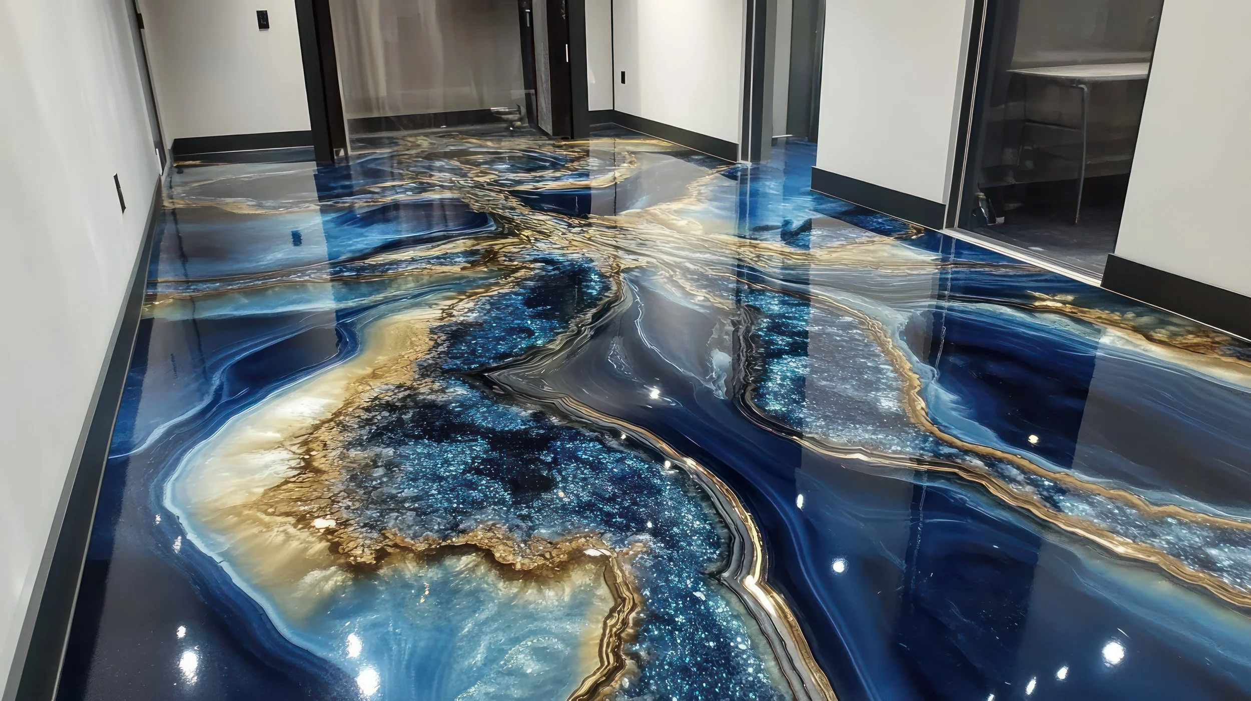 Hallway with gold and blue swirl epoxy.jpeg
