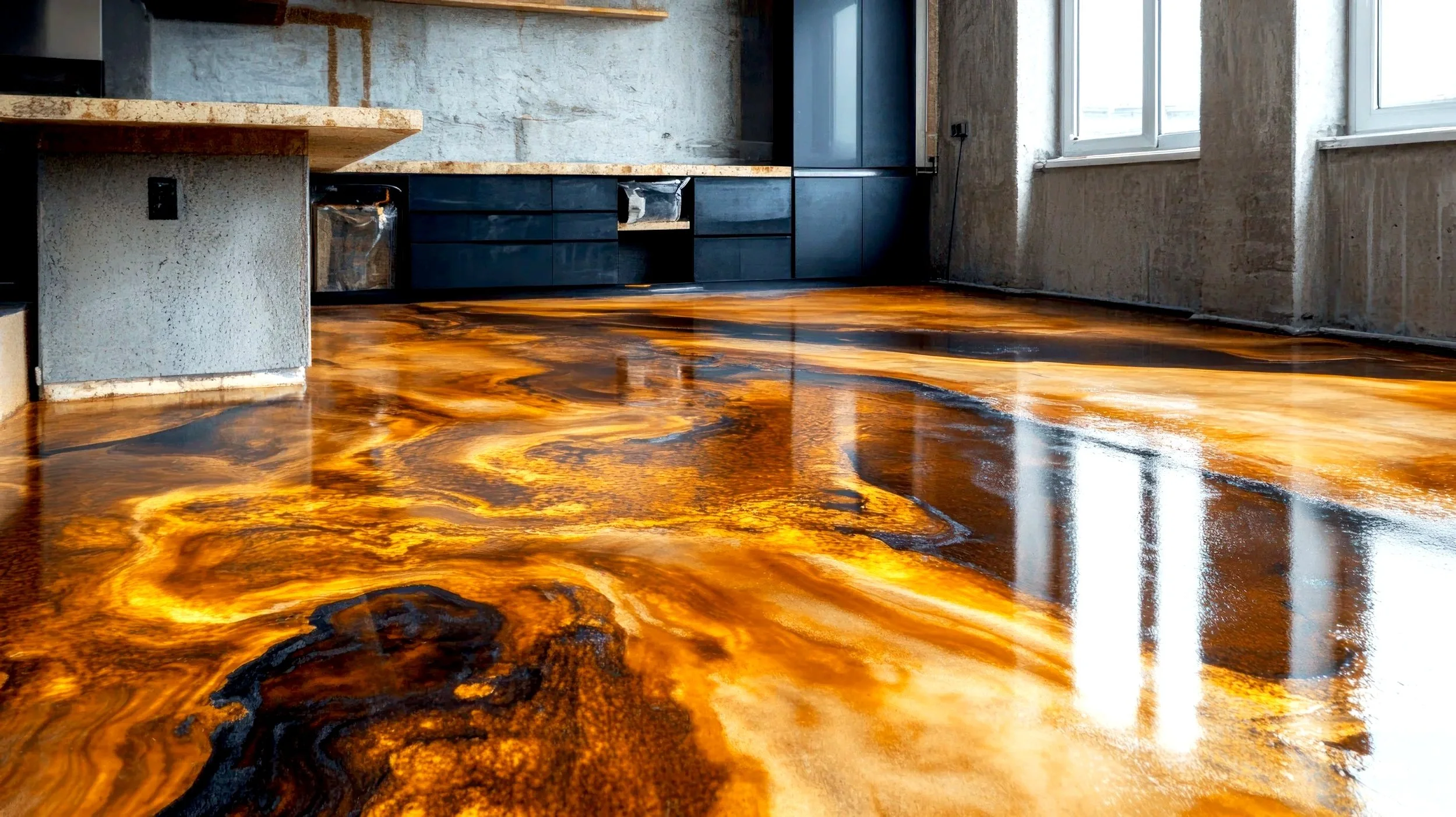 Interior of a modern kitchen with a polished, artistic onyx stone floor featuring swirling amber, brown, and black patterns. The kitchen has dark cabinetry, large windows, and exposed concrete walls.