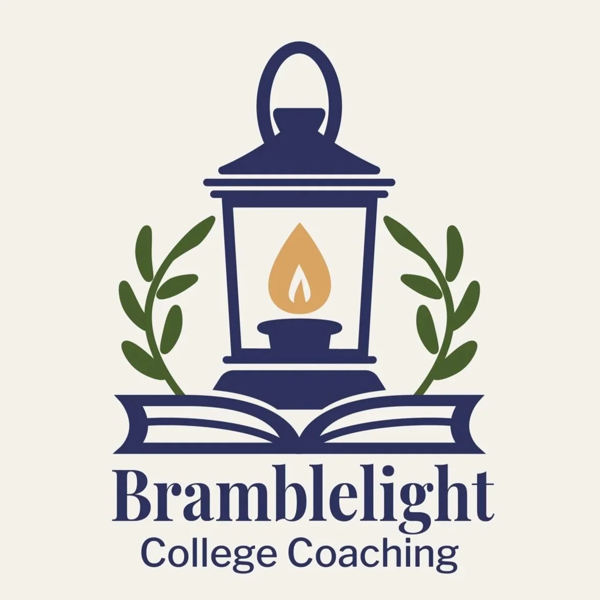 Logo for Bramblelight College Coaching featuring a lantern with a candle inside, flanked by green laurel branches, with an open book at the base and the text 'Bramblelight College Coaching' underneath.